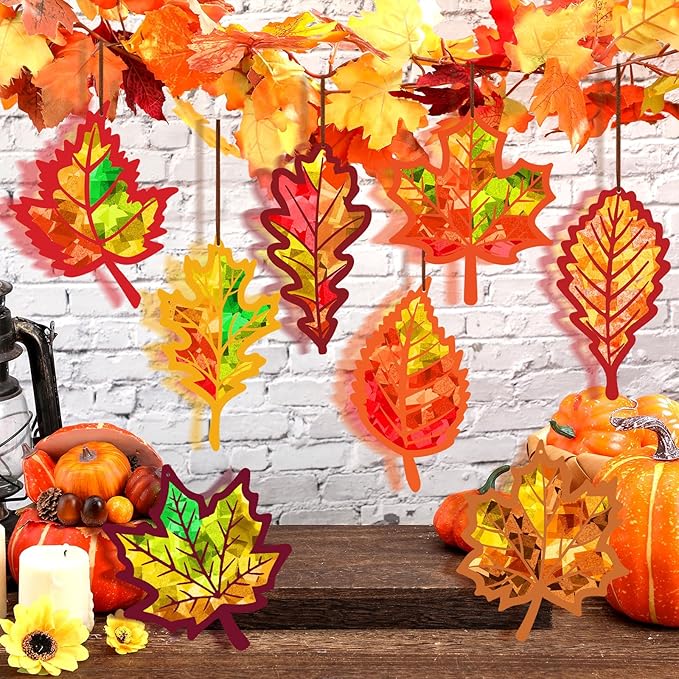 Motipuns 32 Sets Thanksgiving Day Maple Leaf Suncatchers Craft Kits DIY Fall Leaf Tissue Paper Crafts Stained Glass Effect Tissue Paper Kit for Autumn Halloween Window Art
