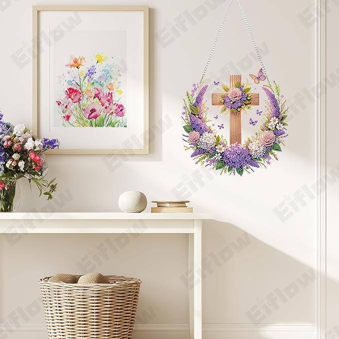 Eiflow Acrylic Diamond Art Hanging Kit for Adults, DIY Diamonds Painting Door Hanging Board Kit, Special Crystal Diamond Art Painting Pendant Ornament (Cross)