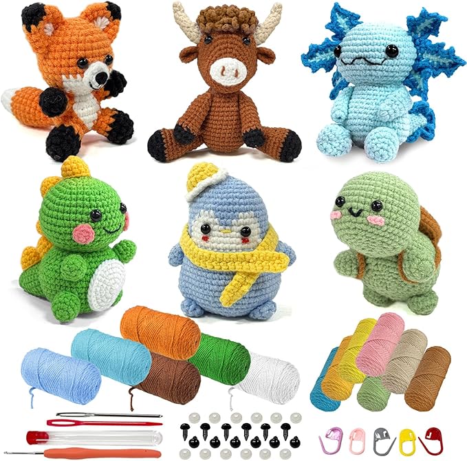 OurWarm 6PCS Crochet Kit for Beginners, Crochet Animal Kits, DIY Craft for Adults and Kids, Attached Step-by-Step Video Tutorial, Great Choice for Manual Lovers Birthday and Holiday Gifts