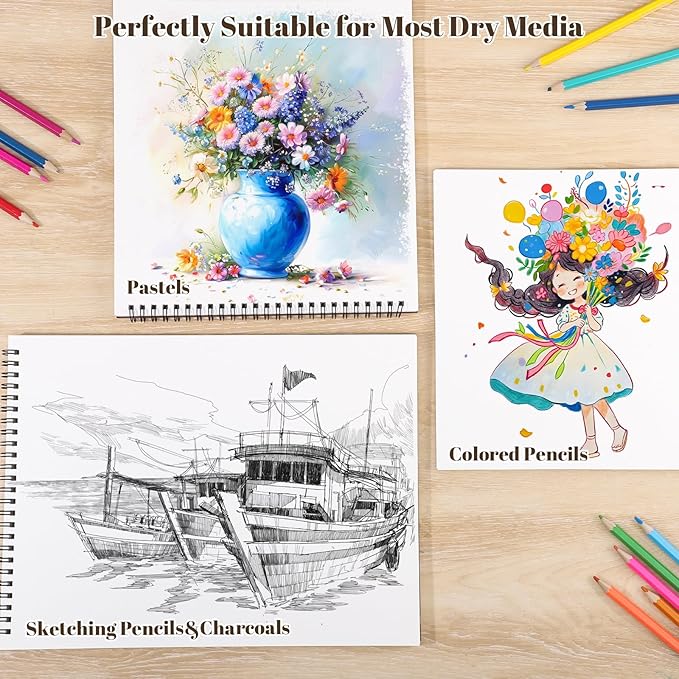 4 pack sketch book, 9 x 12 inch sketchbook, 68lb/100gsm top spiral bound sketch pad, acid free art supplies drawing painting sketching paper for kids, beginners, artists (tan)
