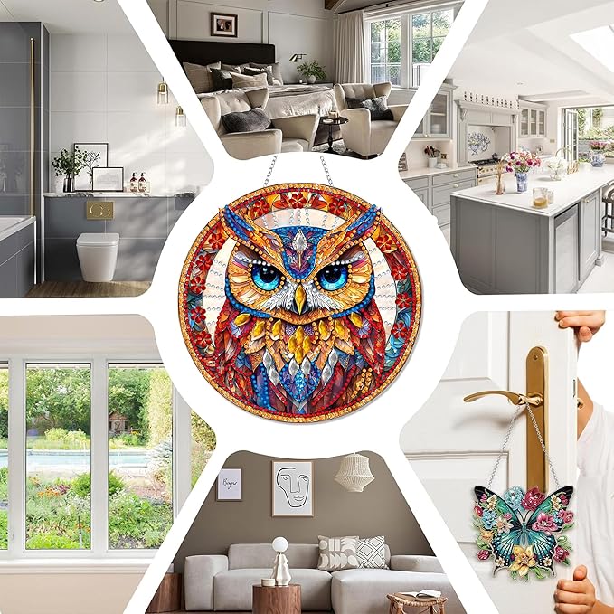 SKRYUIE Owl Hanging Diamond Art Kits for Adults Pendant Suncatcher, Special Shaped Crystal DIY Pearl Diamond Painting Kit, Gift for Mother Spring Summer Window Wreath Decor 7.21 x 7.29 Inch A21