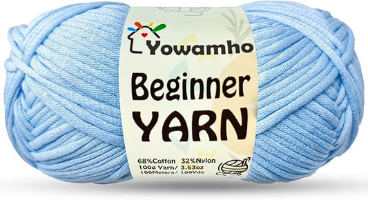 Yarn for Crocheting & Knitting, 100g Cotton Yarn for Beginners with Easy-to-See Stitches,100m (109yds) Worsted Soft Cotton-Nylon Blend Yarn, Light Blue.