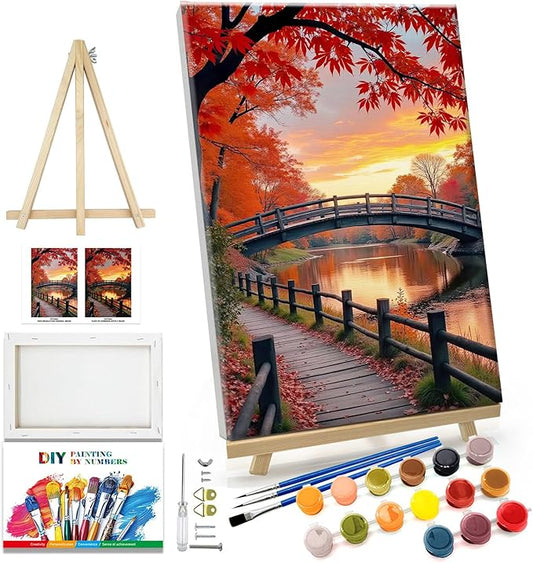 JOOZ Paint by Numbers Kit for Adults with Frame Autumn Landscape Paint by Number with Easel Forest Adult Paint by Number Kits Framed Canvas Bridge Oil Painting Kits for Home Wall Decor 8x12 Inch