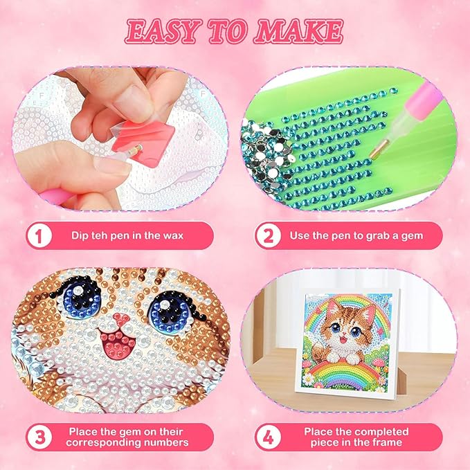 Cat Diamond Art Painting Kits for Kids with Frame, Animal Diamond Art for Kids Ages 4-8-12 with Frame, Easy Small Cute Gem Painting Kit for Gift Home Wall Decoration (7x7 inch)