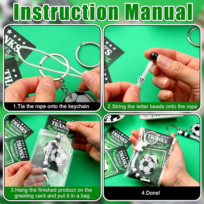 Suncalla 984 Pcs 24 Set Soccer Keychain Making Kit DIY Soccer Bag Tag Sport Key Chain Crafts Adjustable Letter Beads Cards Strings Kit Team Gift Backpack Accessories Party Favors(White Black)