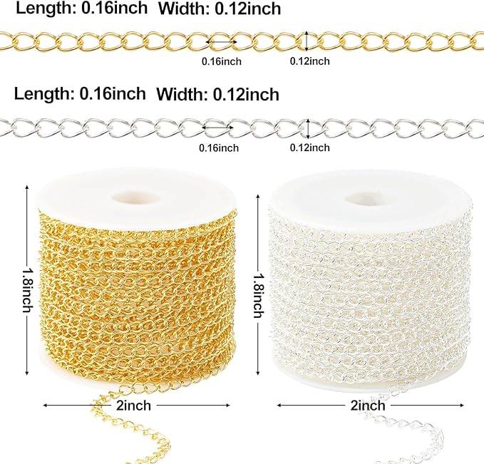 Kyutong 2 Rolls Gold and Silver Extender Chain for Jewelry Making 3MM Wide Curb Links Stainless Steel Necklace Chains Spool on Bulk with Lobster Clasps Jump Rings Jewelry Supplies for Crafts DIY