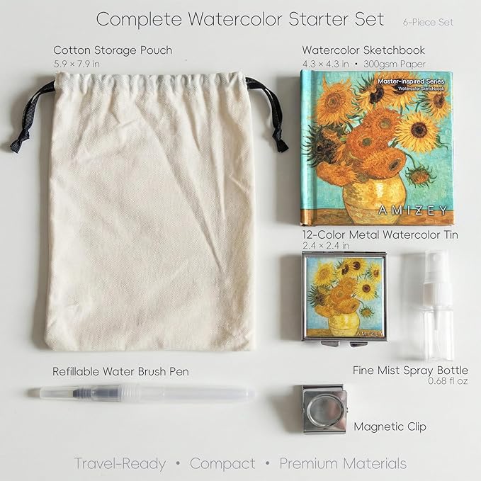 mini watercolor travel set, 12 Color Watercolor Paint Set (Pearl Shimmer) in Metal Tin with 300gsm Sketchbook, Portable Art Kit for Travel & Beginners (Inspired by Sunflowers)