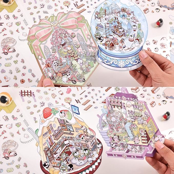 4 Sets DIY 3D House Stickers, Scene Miniature Scene Stickers, Cute Cartoon Scenes for Women Girls Teen Kids, Make Your Own Sticker, Fun Room Sticker BookRelief Stress Pass The Time