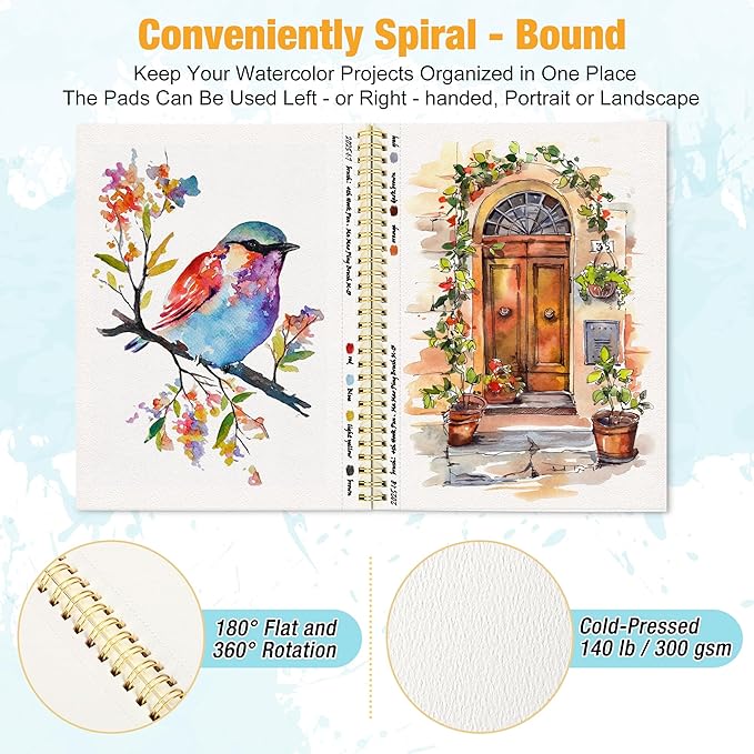 9"x12" Watercolor Paper Pad, Spiral Bound with Tear Line, 16 Sheets (140lb/300g): Art and School Supplies- Water Color Paper for Adults Kids-Watercolors, Watercolor Sketches, and Art Journals