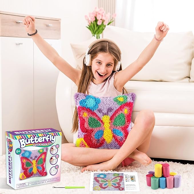 Butterfly Latch Hook Kit Butterfly Floral Pillow DIY Valentine Craft Kit for Kids Adults Beginners Making Your Own Pillow Craft Printed Pillowcase Crochet Yarn Art Handmade Cushion Gift for Sofa Decor