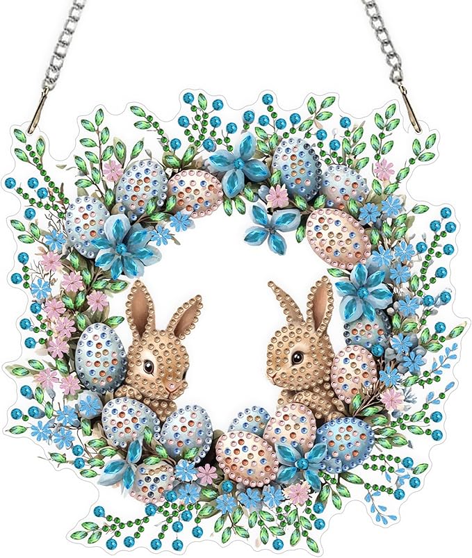 QENSPE Diamond Painting Art Hanging Kits for Adults, 5D Easter Special Shape Diamond Paingting Ornaments with Chain, DIY Rabbits Crystal Window Pendants for Home Wall Decor Double Sided 8X8 inch