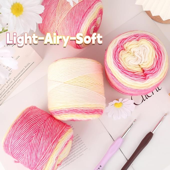 Katech Ombré Yarn for Crocheting-Gradient Cake Yarn-4x100g 60% Cotton 30% Acrylic 11% Wool-Multicolor Soft Rainbow Cotton Crochet Yarn for Scarves, Shawls, Blankets and Garments(Q)