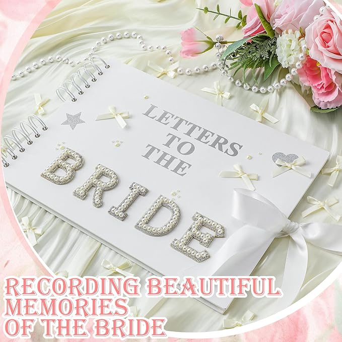 Fuyoooo 11.5 x 8.5 Inch Letters to The Bride Scrapbook Wedding Memory Book Bridal DIY Blank Paper Scrapbook Photo Album Guest Book Sign with Pearl Stickers, Metallic Letters, Bows (White)