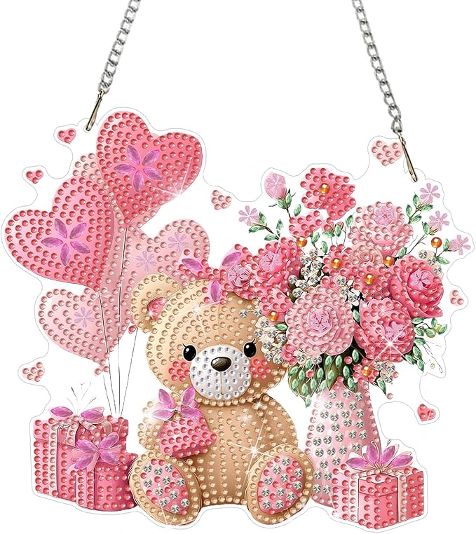 DOMROM Bear Diamond Art Hanging Kits for Adult Beginners, Special Shaped Crystal Diamond Painting Bear Pendant, DIY Diamond Art Suncatchers Animal for Home Garden Wall Decor Gift