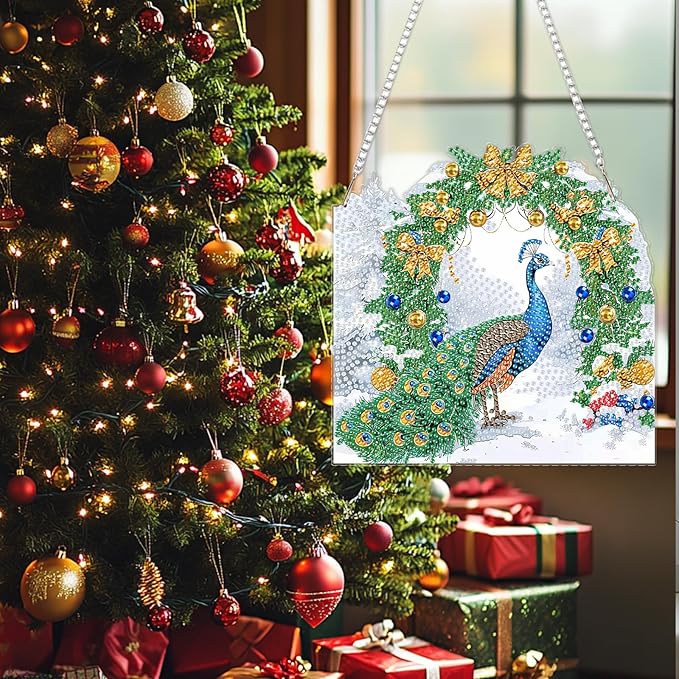 SENQAO Christmas Diamond Art Hanging Kits for Adults Kids, Peacock Diamond Art Suncatchers, 5D Special Shape Diamond Painting Pendant Window Ornament Gifts for Home Door Wall Decor