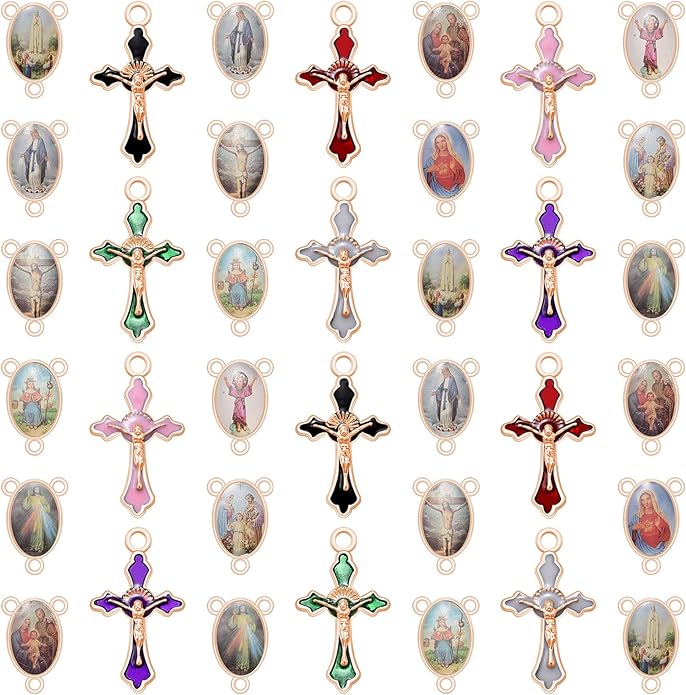 60Pcs/30Set Rosary Making Kits Supplies Religion Cross and Center Medal Charms Alloy Picture Jesus Enamel Pendant for Diy Prayer Necklace Jewelry