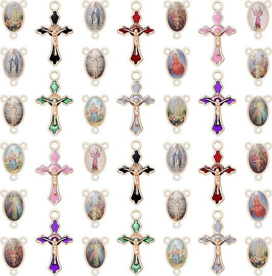 60Pcs/30Set Rosary Making Kits Supplies Religion Cross and Center Medal Charms Alloy Picture Jesus Enamel Pendant for Diy Prayer Necklace Jewelry