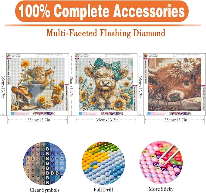 igoodom 3 Pack Cow Diamond Art Kits for Adults, Highland Cow Diamond Painting Kit, Full Drill Round Diamond Art Kits, DIY Gem Art and Crafts for Home Wall Decor Gift 14x14inch