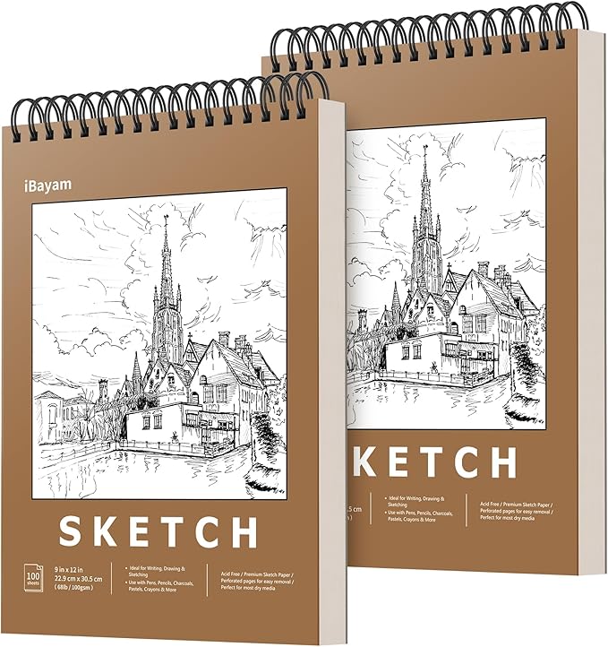 iBayam 9" x 12" Sketch Book Set, 2-Pack Spiral Bound Drawing Paper, 200 Sheets (68lb/100gsm) Premium Sketchbook, Acid-Free Art Drawing Painting Sketching Pad Supplies for Kids, Teens, Adults, Artists