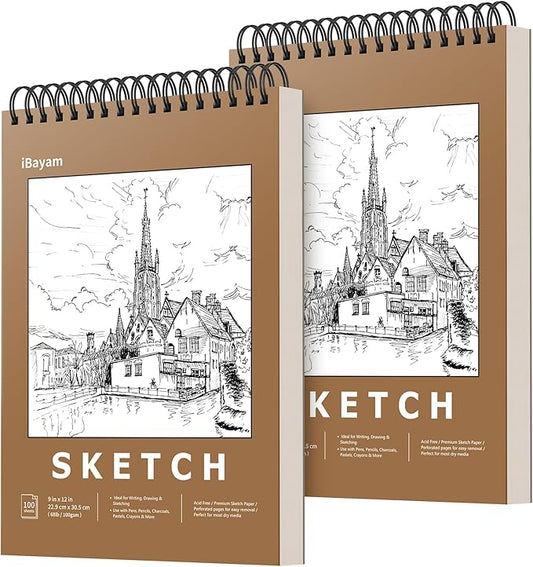 iBayam 9" x 12" Sketch Book Set, 2-Pack Spiral Bound Drawing Paper, 200 Sheets (68lb/100gsm) Premium Sketchbook, Acid-Free Art Drawing Painting Sketching Pad Supplies for Kids, Teens, Adults, Artists