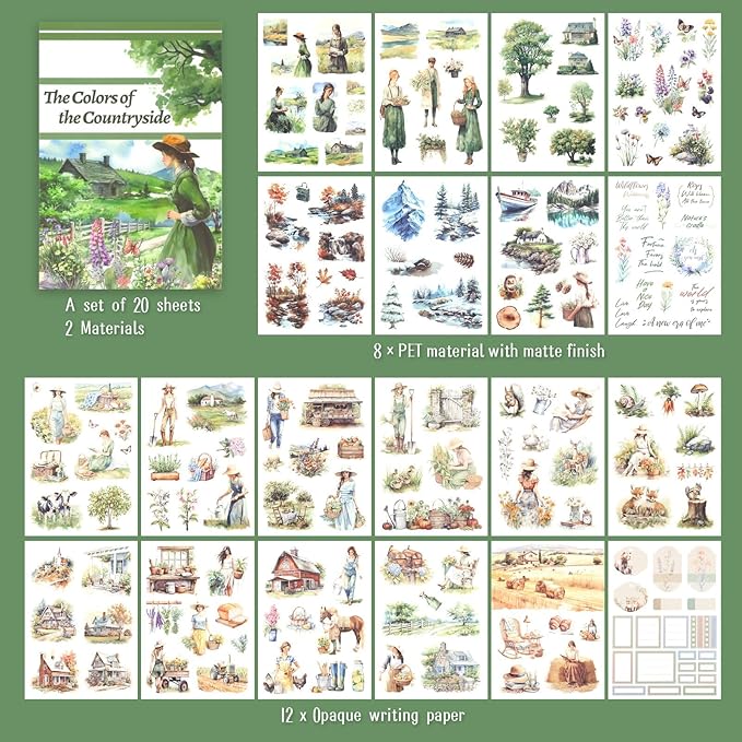 Dizdkizd Countryside Scrapbook Sticker, 179 Die Cuts PET and Paper Journaling Sticker Kit, Cottagecore Aesthetic Stickers for Bullet Journals, Planners, Collage