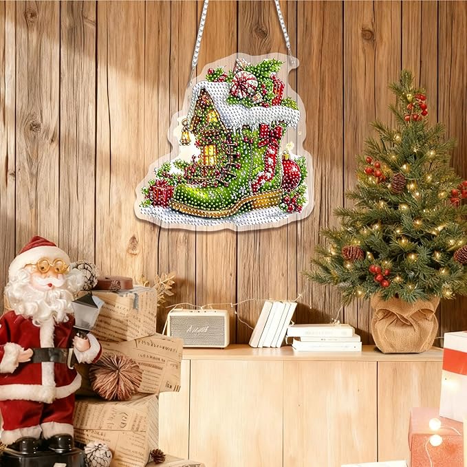 EMIEAUFG Christmas Diamond Art Hanging Kit for Adult, Xmas Boots Diamond Art Pendants, Double Sided Acrylic & 5D Special Shaped Rhinestone, Christmas DIY Ornament for Window Home Wall Decor
