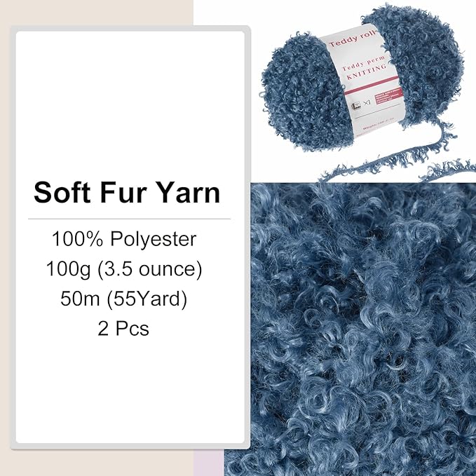 MECCANIXITY 2 Skeins Fur Yarn Soft Fluffy Chunky Yarn Fuzzy Eyelash Yarn Deep Blue for Crocheting Knit Clothes Bag - 55Yard/50m, 3.16ozx2