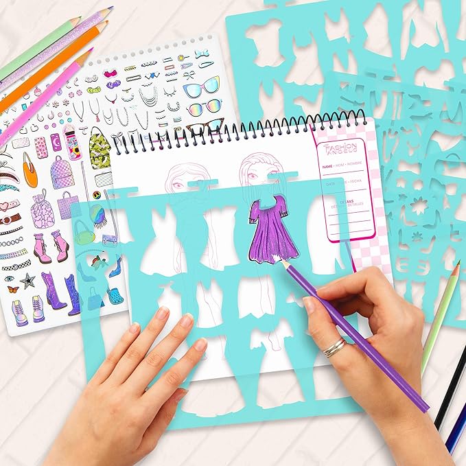 Fashion Angels Fashion Design Sketch Portfolio for Kids - Fashion Design Sketch Book for Beginners, Fashion Sketch Pad with Stencils and Stickers for Kids 6 and Up, Brown
