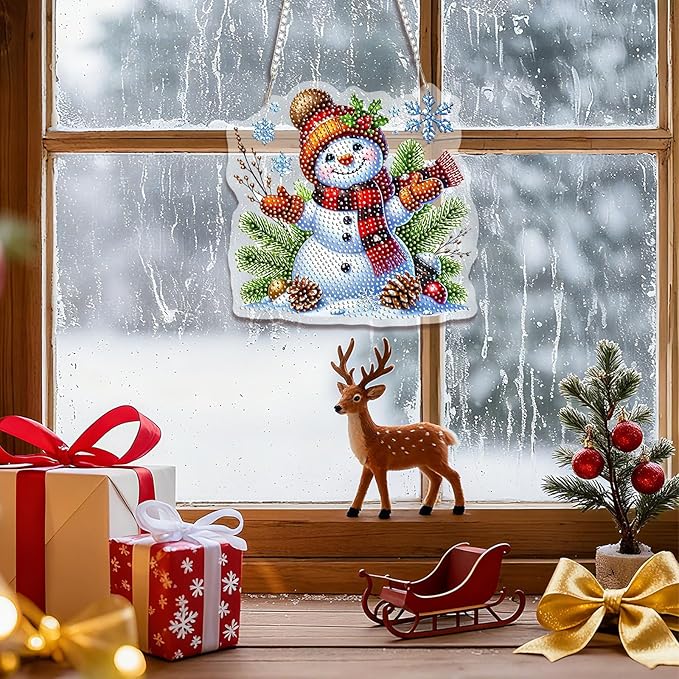EMIEAUFG Christmas Diamond Art Hanging Kit for Adult, Christmas Snowman Diamond Art Pendants, Double Sided Acrylic & 5D Special Shaped Rhinestone, Christmas DIY Ornament for Window Home Wall Decor
