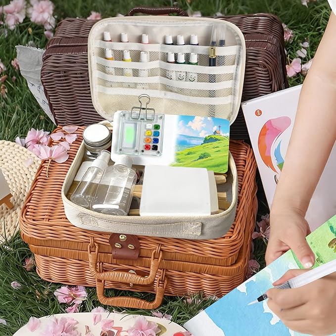 Mini Watercolor Palette Set,22Pcs Artist Watercolor Palette Travel Set with Colors,Wooden Paint Box,Brush,Holder,Oil Cup,Plastic Bottles Storage Bag for Beginners Artists Student(8 Grids)