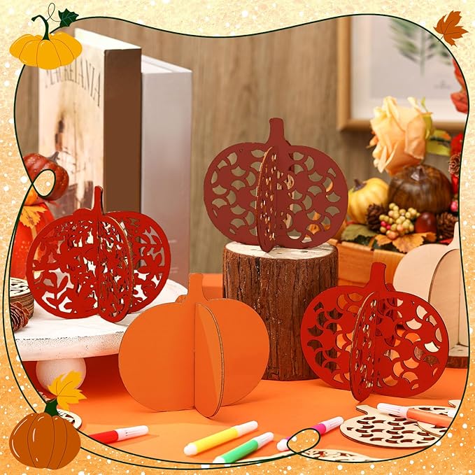 Blosssound 48 Pcs Fall Craft Set 36 Wood Pumpkin Crafts 3D Pumpkin Cutouts with 12 Colored Markers Wooden Unfinished Slices to Paint for Thanksgiving Autumn Harvest DIY Handmade Tiered Tray Decor