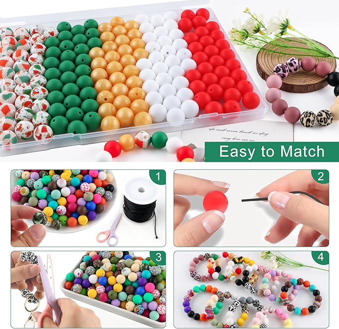 150Pcs Mixed Color 15mm Silicone Beads for Keychain Making, Christmas Green Red Print Silicone Beads for Pens and Bracelet Jewelry Making