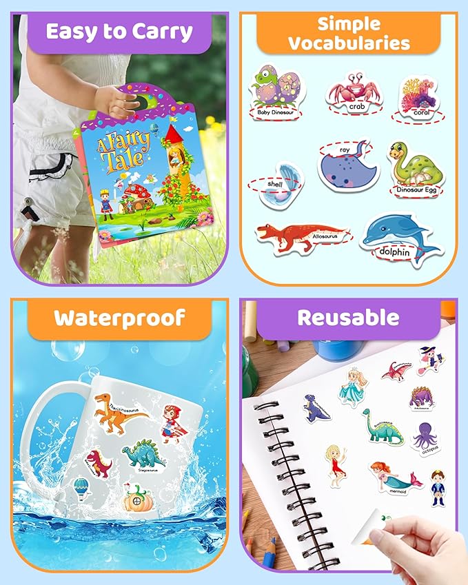 benresive reusable sticker books for kids, sticker books for toddlers, toddler travel toys activities crafts ages 3 and up birthday gifts - ocean, fairy and dinosaur