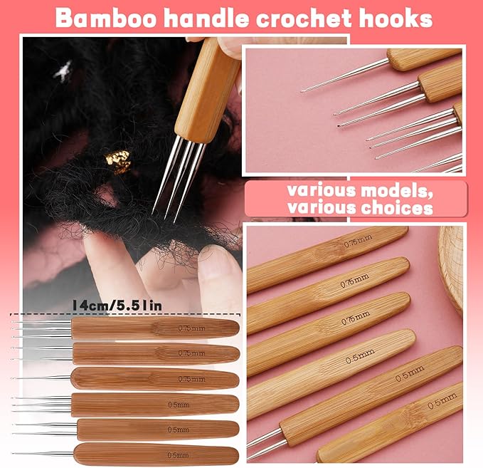 Loc Crochet Needle, 48 Pcs Dreadlock Crochet Hook, 6 Dreadlock Crochet Needle, Crochet Hooks for Hair, Different Size Bent Latch Hook with Case and Dreadlocks Tool (Light Gray)