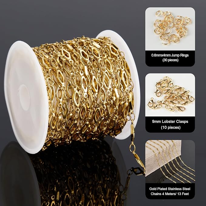 YOUBEIYEE 13 Feet Gold Plated Jewelry Making Chain Roll Stainless Steel Rhomboid Chain for Jewelry Making