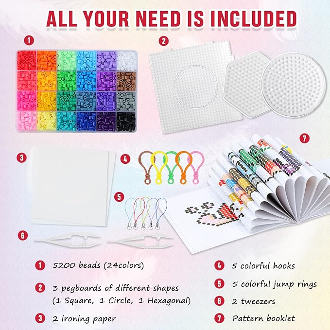 QUEFE 5200pcs Fuse Beads Kit for Boys and Girls, 24 Colors 5mm Melting Beads Set Including Pegboards, Ironing Paper, Tweezers, Colorful Hooks for Birthday and Christmas Gift