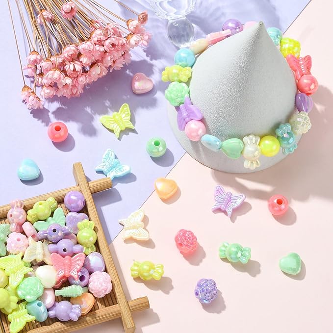 Ipotkitt 1 Box AB Color Opaque Acrylic Beads Candy Color Spacer Bead Kit Round Heart Butterfly Candy Rose Beads for Bracelets Jewelry Making DIY Crafts