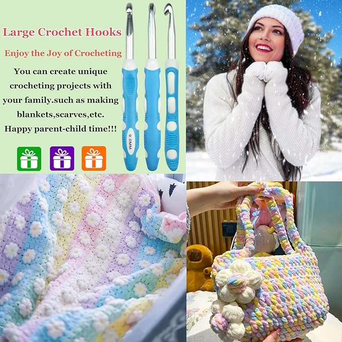 Large Crochet Hooks 4 pcs Ergonomic Non-Slip Rubber Handle Crochet for Arthritic Hands,7mm 8mm 9mm 10mm Extra Long Crochet Hooks Needles DIY Yarn Crocheting Tools