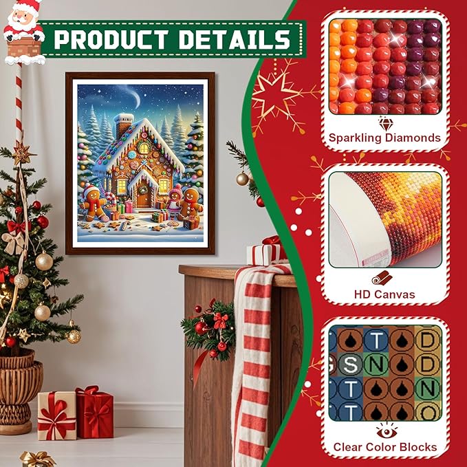 EMIEAUFG Christmas Diamond Art Kits for Adults, Christmas Gingerbread House Diamond Paiting Kit for Beginners, 5D DIY Round Full Drill Craft Diamond Dot Gem Art, Home Wall Decor 12" x 16"
