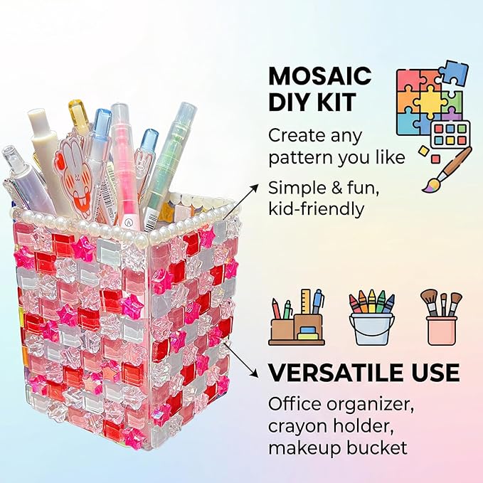 shuielai Mosaic Pen Holder Kit, Acrylic Tile Craft Set Creates Desk Organizer, Crystal DIY for Adults Beginners Home Decor (Pink)