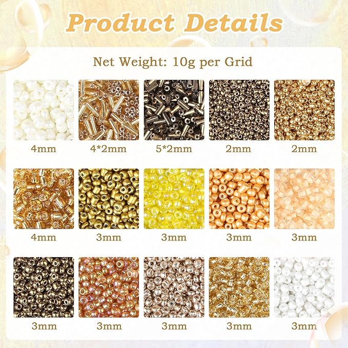 DUQGUHO Gold Beads for Jewelry Making 4mm Gold Glass Seed Beads Kit 15 Color 3mm 2mm Small Plastic Tube Bead for Bracelets Craft DIY