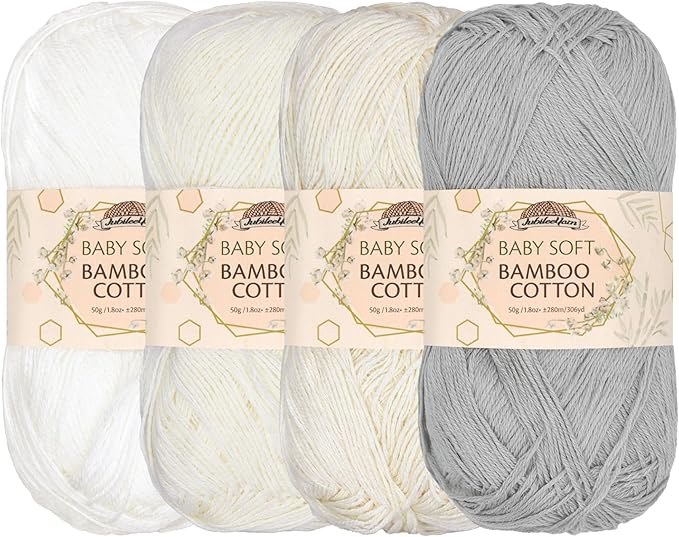 JubileeYarn Baby Soft Bamboo Cotton Yarn - 50g/Skein - Shades of White - 4 Skeins