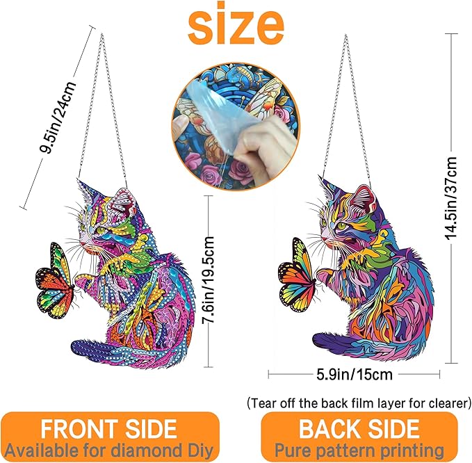 Ginfonr Diamond Painting Kits Hanging Pendant, Cat Sun Catcher for Front Door Sign, Special Shaped Rhinestone Butterfly Diamond Art, Summer Porch Decor for Outdoor Garden Wall Window (8 x 8 inch)
