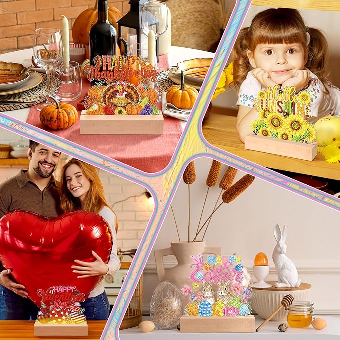 Chunful 13 Pcs Interchangeable Seasonal Diamond Art Tabletop Holiday Diamond Art Painting Kit with Wooden Light Base for Table Tiered Tray Home Office Tabletop Centerpiece Decor(Holiday)