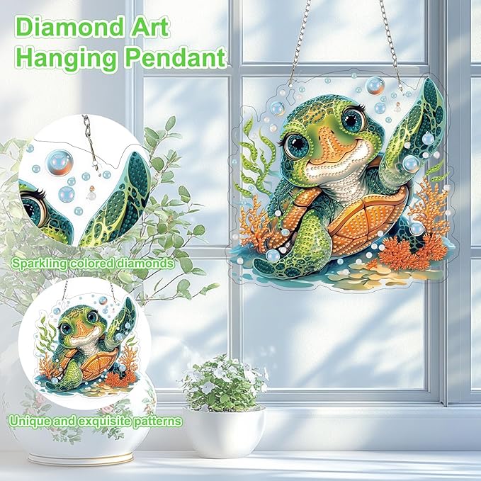 TOSTOG Sea Turtle Diamond Art Pendant Kits for Adult, Cute Diamond Painting Hanging Kit for Beginners, 5D DIY Crafts Gem Art, Waterproof Full Accessories for Home Decor Idea 20 * 20 cm/8 * 8 in