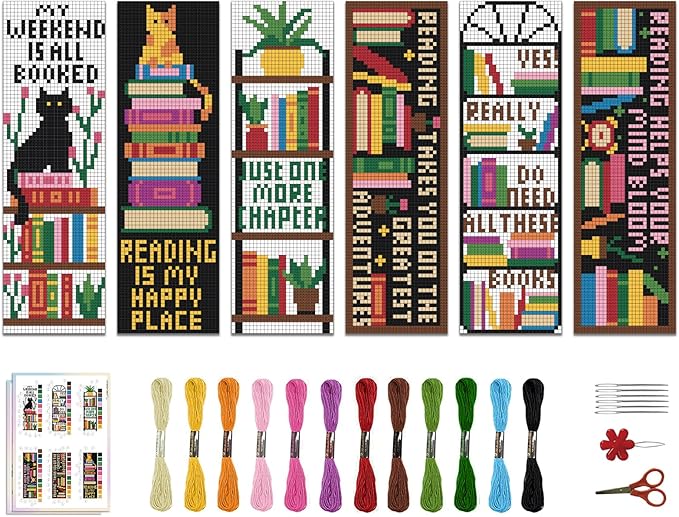 ACRNIGHEET 6PCS Cross Stitch Bookmark Kits Bookshelves Words Pattern Counted Cross Stitch Kits for Beginners Adults DIY Stamped Embroidery Bookmarks with Instructions Hand Embroidery Craft Gift