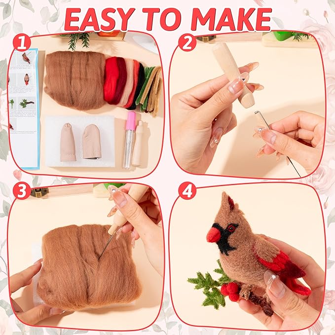 WATINC Needle Felting Kit - 3 Set Unique Different Cute Doll Wool Felt Needle Tools Foam Pad Instruction, DIY Home Decoration Craft Party Supplies for Art Work Starter Beginners (Cardinal)