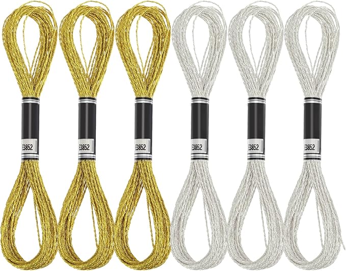 6 Skeins Metallic Embroidery Floss, Glitter Silver & Gold Embroidered Thread Set, Polyester Sewing Floss Cross Stitch Thread Friendship Bracelets Threads for Hand Embroidery, String Art