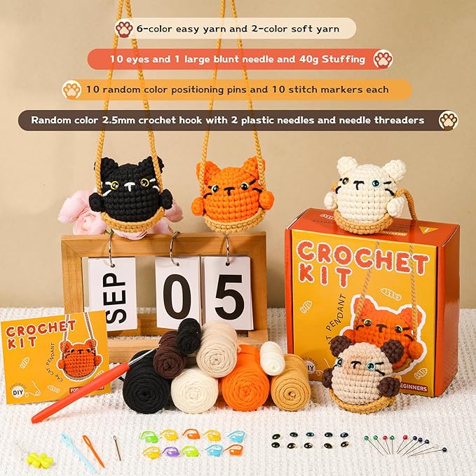 Kogyxe Crochet Kit for Beginners, Crochet Animal Kit for Decoration Car Hanging Ornament, Cat Knitting Kit with Yarn Crochet Hook, Crochet Starter Kit with Step-by-Step Video Tutorials