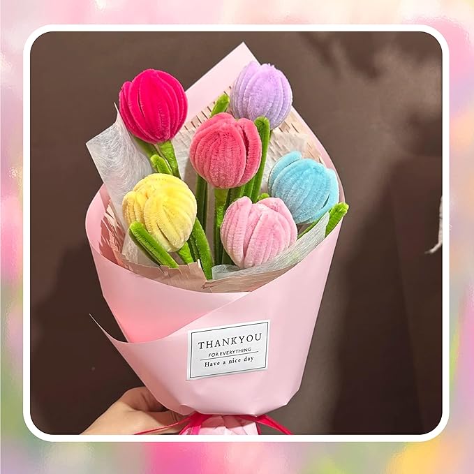 300 Pcs Thick Pipe Cleaners,Craft Supplies Floral Bonquet,DIY Flower Making Kit for Starter with Floral Wires, Gardening Tape,Stamen (7-Rainbow Macaron Palette)